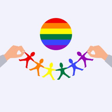 Ellerindeki mutlu insanların çelengi - renkli çizimler - vektör. Gay Gururu. LGBT konsepti. LGBT hareketinin gurur bayrağı.