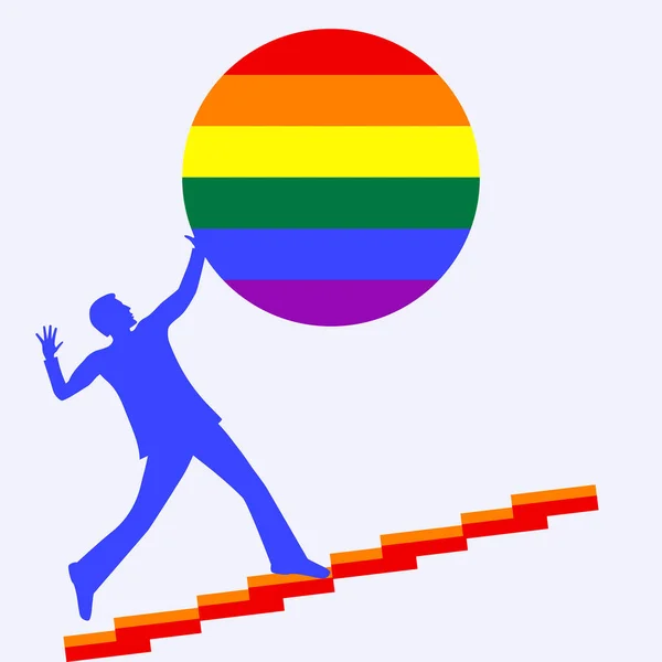 Людина Піднімається Сходами Тримаючи Rainbow Pride Lgbt Movement Ізольований Білому — стоковий вектор