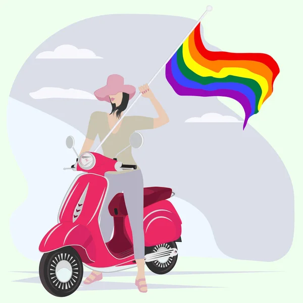 Mulher Uma Scooter Motor Segura Rainbow Pride Flag Lgbt Movimento —  Vetores de Stock