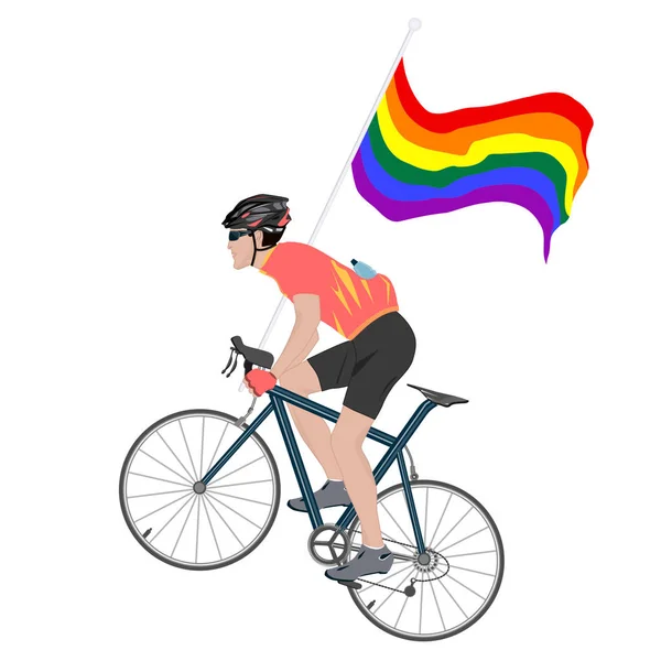 Ciclista Segurando Arco Íris Orgulho Bandeira Movimento Lgbt Isolado Fundo —  Vetores de Stock