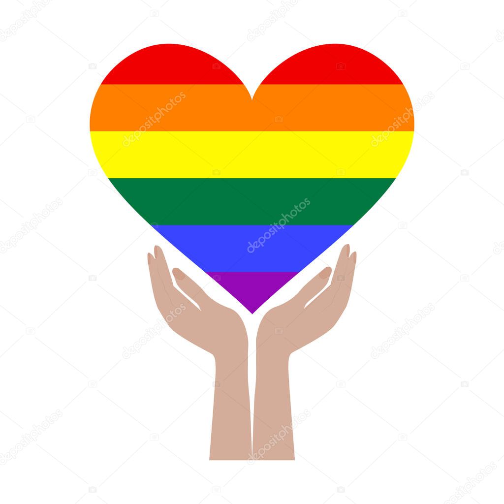 In palms Heart in rainbow colorful lines - isolated on white background - vector. Gay Pride. LGBT concept.