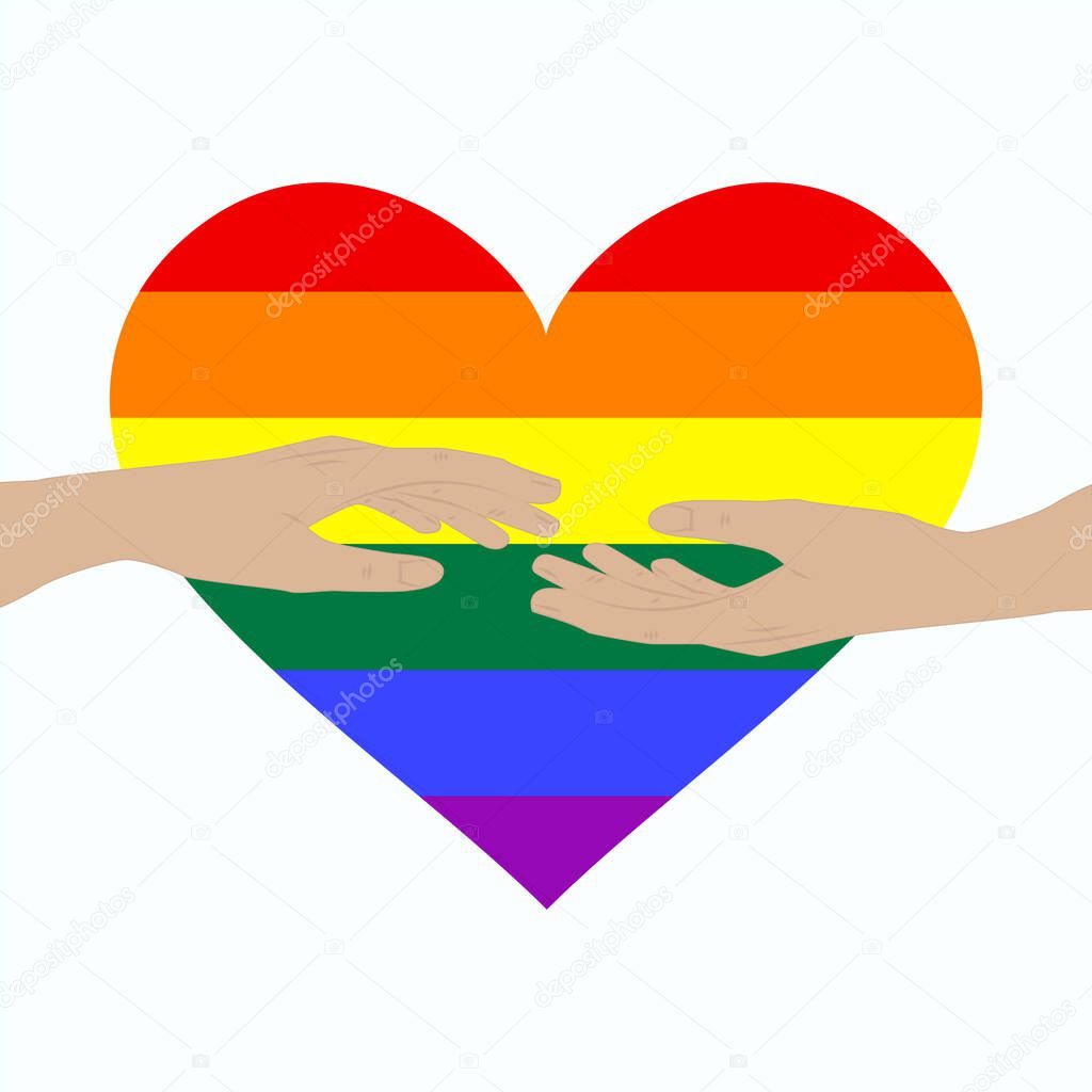 Hands outstretched to each other - rainbow colorful LGBT heart - isolated on white background - vector. Gay Pride. LGBT concept.