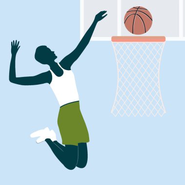 Basketbolcu topu potaya atıyor - vektör. Spor konsepti