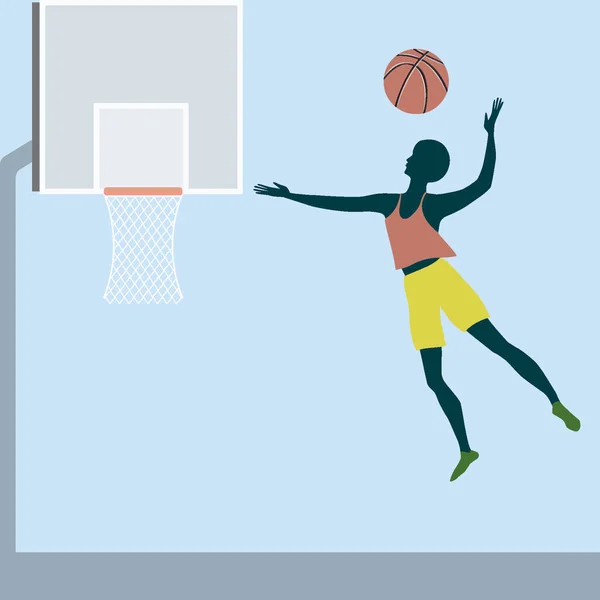 Jugador Baloncesto Salto Con Una Pelota Canasta Rack Vector Concepto — Vector de stock