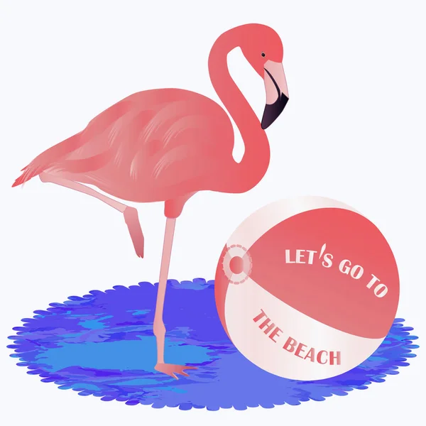 Flamingo Stuiterbal Blauwe Zee Geïsoleerd Witte Achtergrond Vector Zomer Rust — Stockvector