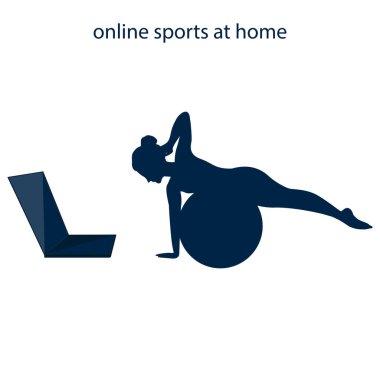 Online eğitim. Evde bir kadın, beyaz arka planda izole edilmiş bir ikon olan bir dizüstü bilgisayarın üzerinde yan yatarak egzersiz yapıyor. Akıl sağlığı Yogası. Fitness Pilates.