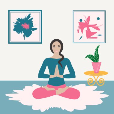 Evde oturan kadın lotus pozisyonunda, yoga, iç mekan - vektör. Evde Ruh Sağlığı Spor Eğitimi.