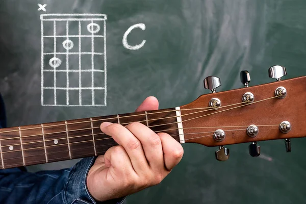 Homem Camisa Jeans Azul Tocando Acordes Guitarra Exibido Quadro Negro — Fotografia de Stock