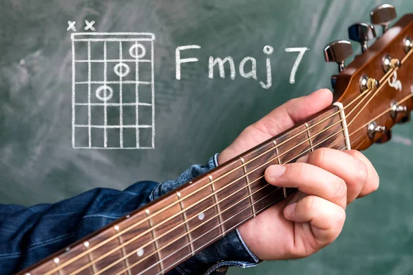 Man Een Blauw Denim Shirt Spelen Snaren Van Gitaar Weergegeven — Stockfoto