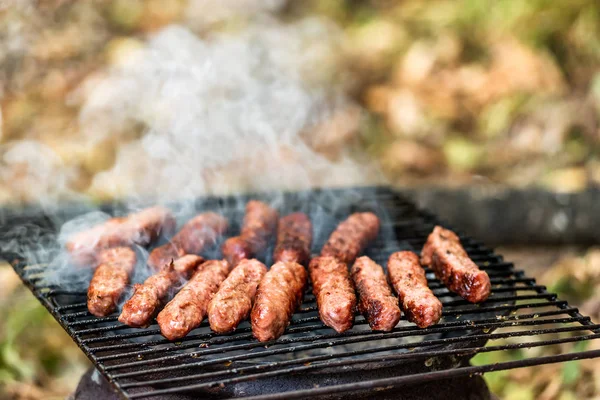 Cuisine Balkanique Cevapi Porc Viande Hachée Grillée Sur Gril Improvisé — Photo