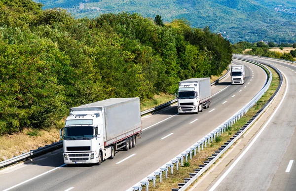 Üç beyaz kamyon güzel bir gökyüzünün altındaki bir otoyolda kuyruktalar.