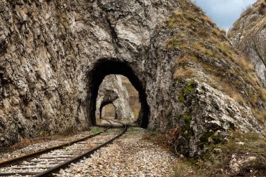 Resimli kırsal manzarada kısa tünellerden geçen eski terk edilmiş demiryolu.