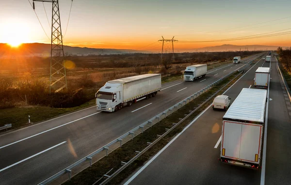 Konvoje Bílých Transportních Vozů Které Míjejí Dálnici Dálniční Doprava Bílými — Stock fotografie