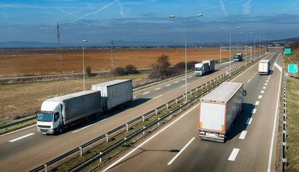 Parlak mavi bir günde bir otoyolda geçen nakliye kamyonları konvoyu. Beyaz kamyon raylı otoyol ulaşımı
