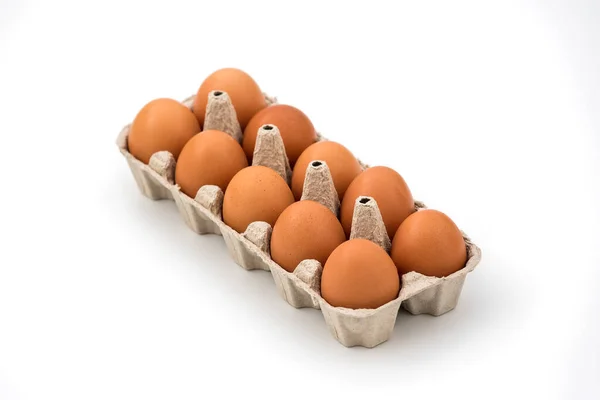 Ovos Galinha Caixa Ovo Papelão Sobre Fundo Branco Ovos Galinha — Fotografia de Stock