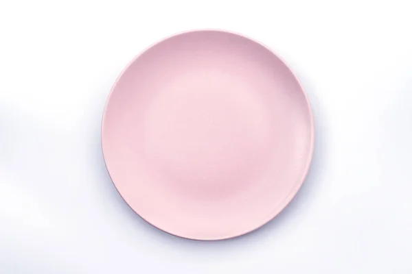 Κενό Ροζ Πιάτο Απομονωμένο Λευκό Φόντο Πάνω Όψη — Φωτογραφία Αρχείου