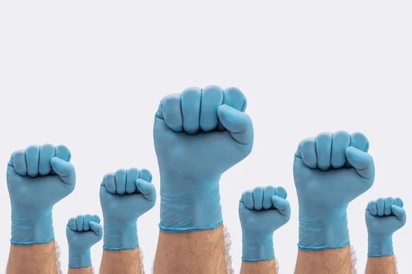 Punhos Mãos Luvas Proteção Látex Azul Médico Como Sinal Resistência — Fotografia de Stock
