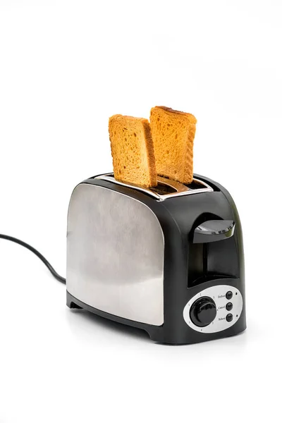 Beyaz Arka Planda Siyah Metalik Tost Makinesinden Fırlayan Tostlar Havalandırma — Stok fotoğraf