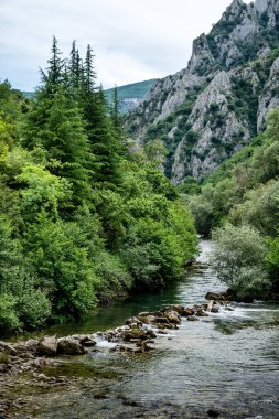 Kuzey Makedonya 'nın batısındaki Treska nehri, Vardar' ın sağ kolu, Matka Kanyonu ve Barajı 'nın hemen altında -kano yarışmalarıyla tanınan