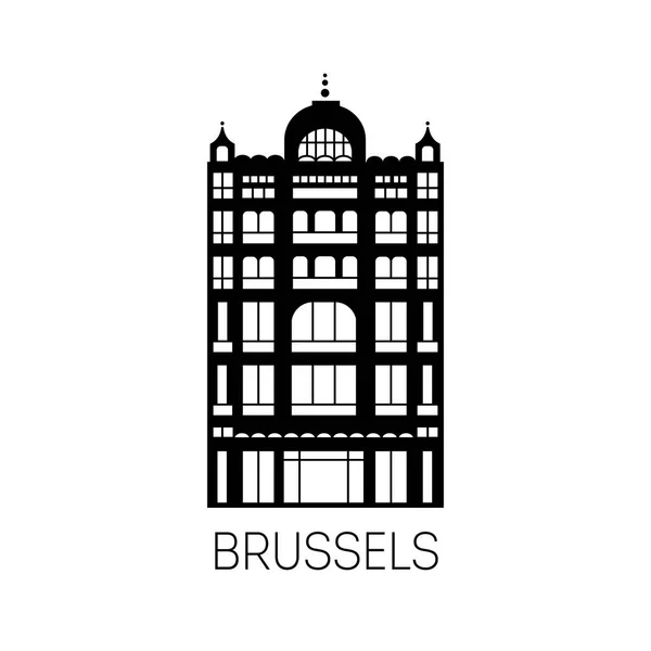 Gedung terkenal Brussel dengan gaya siluet hitam. Pemandangan Belgia, siluet pemandangan kota. Museum Belgia yang terkenal dengan gaya datar . - Stok Vektor