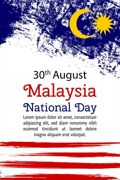 Ilustração do vetor Dia Nacional da Malásia, bandeira da Malásia no estilo grunge na moda.30 modelo de design de agosto para cartaz, banner, flayer, saudação, cartão de convite.Dia da independência. — Vetor de Stock