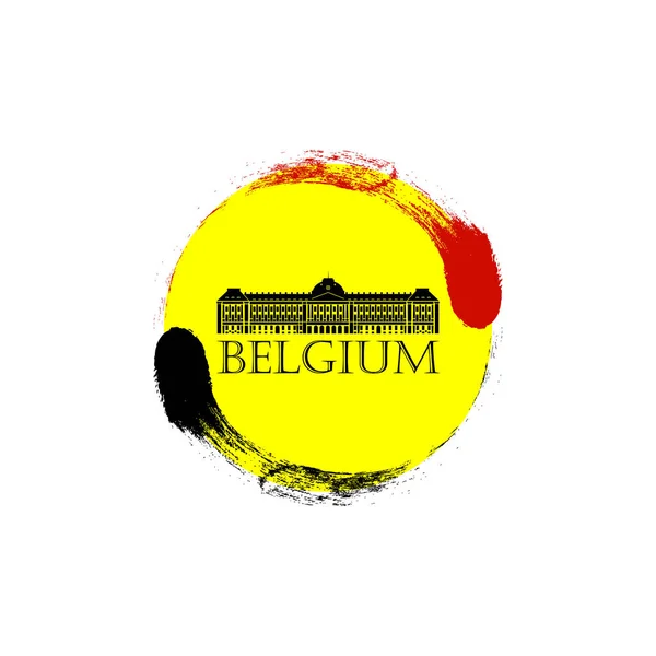 Feito em bandeira da Bélgica, logotipo círculo com famoso edifício de Bruxelas. Modelo de design para cartaz, banner, flayer, crachá, logotipo, ícone, web, marketing, cartão . —  Vetores de Stock