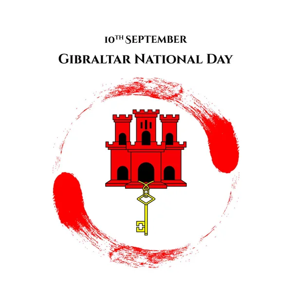 Illustration Fête nationale de Gibraltar avec vue sur Gibraltar château rouge et clé dorée dans un style branché. Modèle de design 10 septembre pour affiche, bannière, flyer, vœux, carte d'invitation . — Image vectorielle