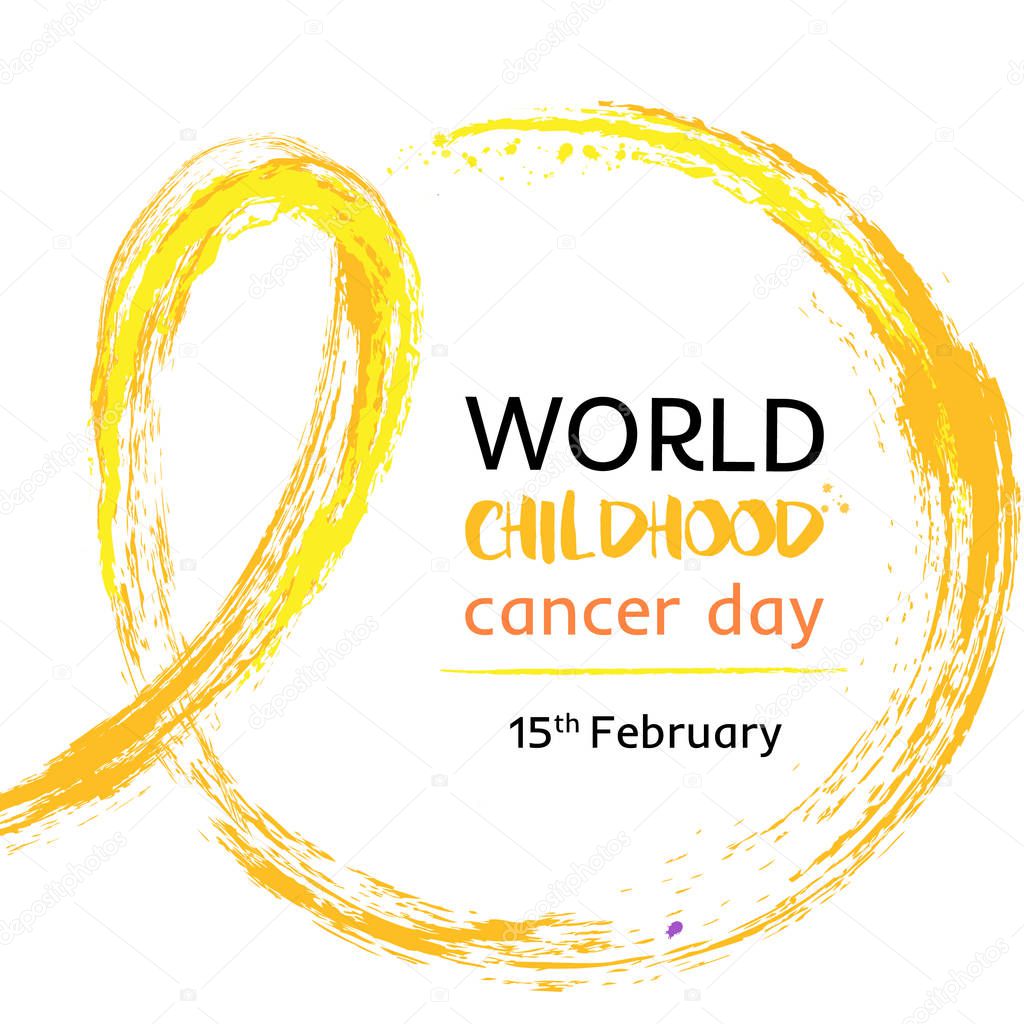 15 of February World Childhood Cancer Day vector illustration. Tape for the World Childrens Day cancer patients. Watercolor golden crayon Hand drawn ribbon. Design template poster,banner,flayers,web.