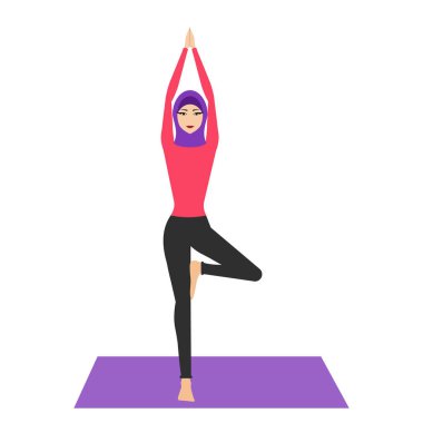 Arap kadın türban ile yoga poz. Hijab, giyen genç kadın pratik Yoga simgesi. Sağlıklı yaşam kavramı. yoga Merkezi simgesi. Duruş germe. Rahatlatıcı ve sakin. Sağlık etkinliği.