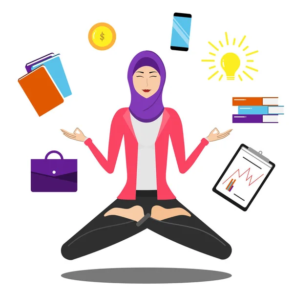 Femme arabe avec hijab dans la pose de yoga lotus. Jeune femme portant du hijab, pratiquant le yoga au travail. Le concept de mode de vie sain. Employé de bureau se détend et médite dans le lotus. Détente et calme . — Image vectorielle