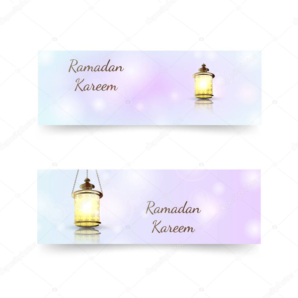 Ramadan Kareem lantern on a sparkle texture background. Glow arabic illustration, Ramadan invitation card on a glow pastel background. Design template for flyer, banner, invitation card.