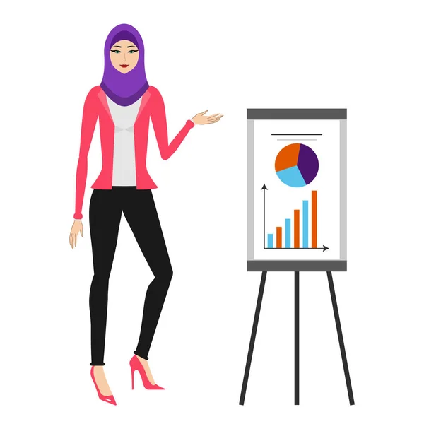 Personagem árabe mulher de negócios com hijab. Rapariga sorridente em hijab apontando está funcionando. Jovem árabe mulher de negócios vestindo hijab.Vector ilustração isolada a partir de fundo branco — Vetor de Stock