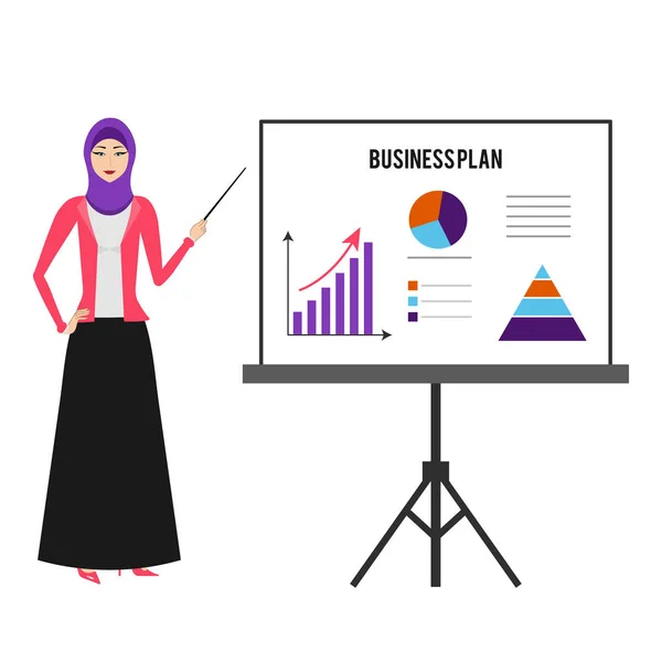 Business-Araberin mit Hidschab. Ein lächelndes Mädchen im Hidschab deutet darauf hin, dass es funktioniert. junge arabische Geschäftsfrau trägt hijab.vector Illustration isoliert von weißem Hintergrund — Stockvektor