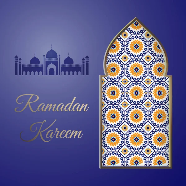 Ramadan kareem vektor illustration gold arabesque gruß, happy month ramadan, arabisches fenster, silhouette moschee, dekorative arabische muster.design vorlage poster, flyer, banner, gruß, einladungskarte — Stockvektor