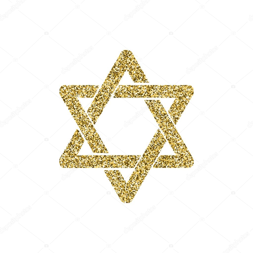 Vector religion symbol golden glitter Star of David. Israel 70 anniversary sign. Jerusalem golden star. Star with gold glitter effectTraditional Jewish symbol.Jewish star isolated on white background