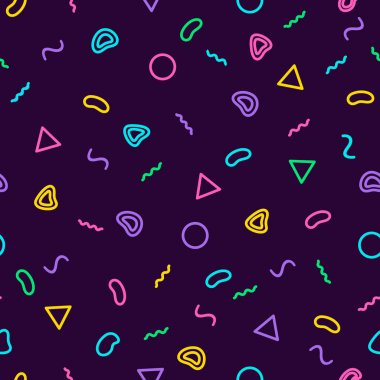 Memphis Dikişsiz desen 80s 90s tarzı. Trendy memphis tarzı. Renkli geometrik arka plan. Hippi tarzı. Renkli geometrik seamless modeli farklı şekiller stil renk. Yazdırma için kumaş, tekstil