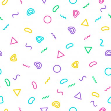 Memphis Dikişsiz desen 80s 90s tarzı. Trendy memphis tarzı. Renkli geometrik arka plan. Hippi tarzı. Renkli geometrik seamless modeli farklı şekiller stil renk. Yazdırma için kumaş, tekstil