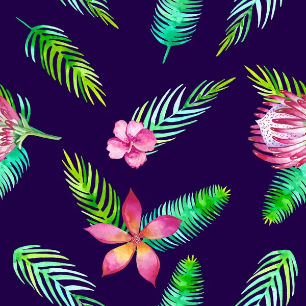 Modèle tropical sans couture d'été avec des éléments floraux romantiques jungle protéa et gibiscus. Texture infinie pour la saison printemps et été design sur fond ultraviolet — Photo