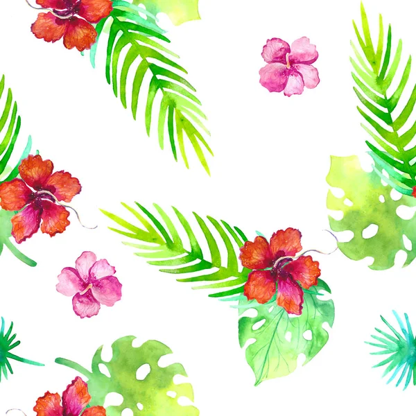 夏季无缝热带模式与丛林花卉浪漫元素-普罗蒂亚和 gibiscus。四季夏日的无尽质感与白色背景的春季设计 — 图库照片