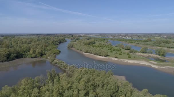 Vliegen over Nederlandse landschap aan de IJssel, D-log — Stockvideo