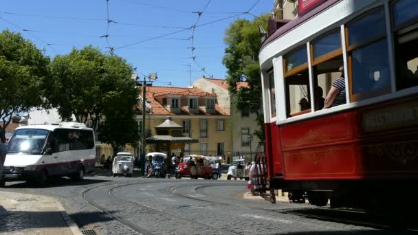 Historic old tram in streets of Lisbon — Stock Video