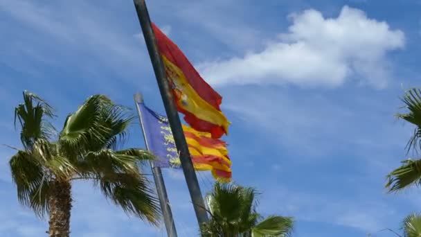 Spanish and Valencia flags waving at sky — Stock Video