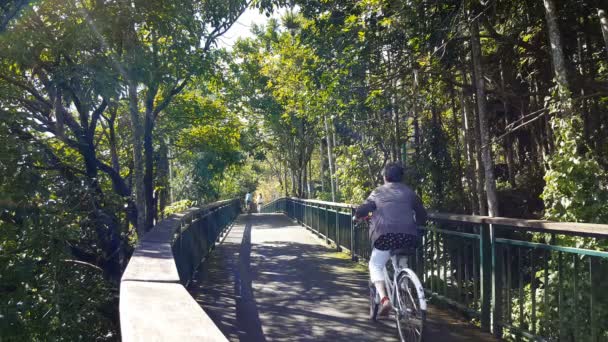 Turistas bicicleta en el puente de bicicleta — Vídeo de stock