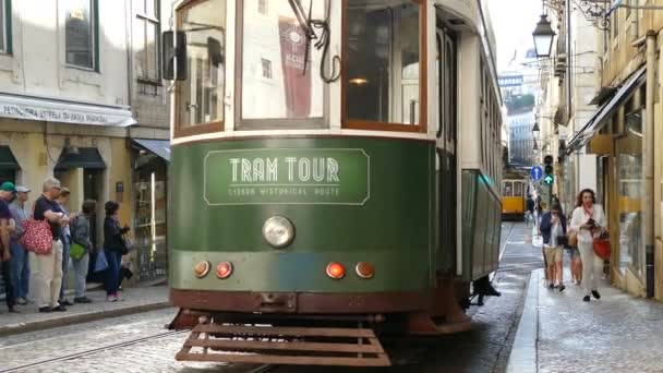 Historic old tram in streets of Lisbon — Stock Video