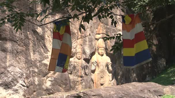 Vlaggen hangen naast Buduruwagala standbeeld — Stockvideo