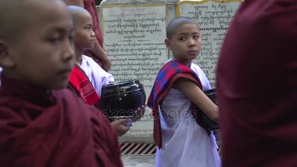 Jonge boeddhistische monniken op straten — Stockvideo