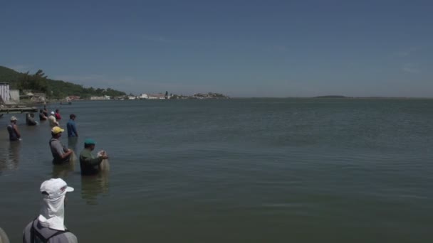 Laguna, pescadores de pie en el agua — Vídeo de stock