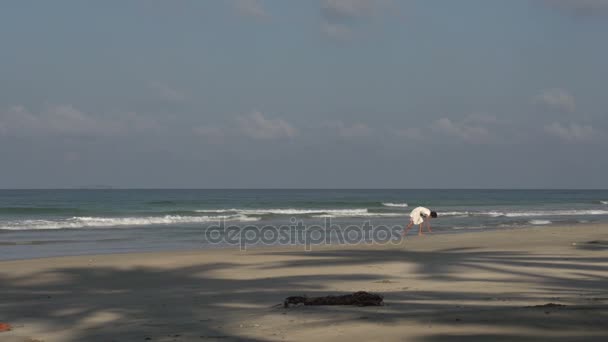 Женщина ищет раковины на пляже — стоковое видео