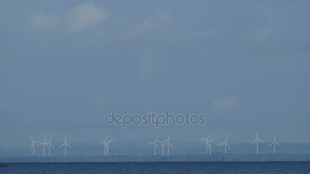 Windmills on waterfront of lake — Stock Video
