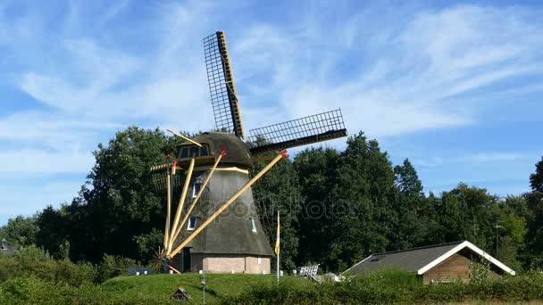 Molino de viento holandés en pequeña colina — Vídeos de Stock